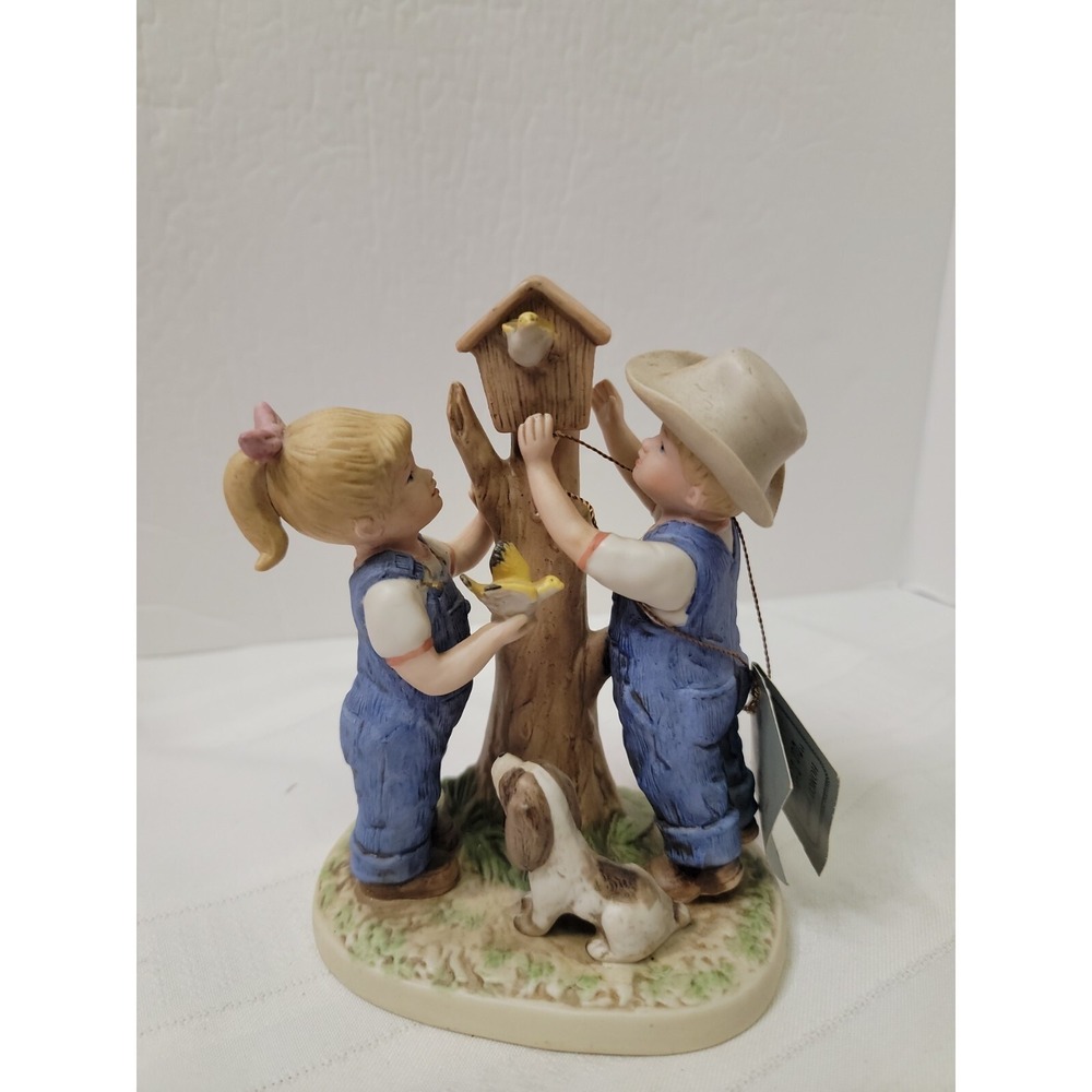 Vintage HOMCO 1985 "DENIM DAYS" Home Interiors Porcelain Baby Bird Watching